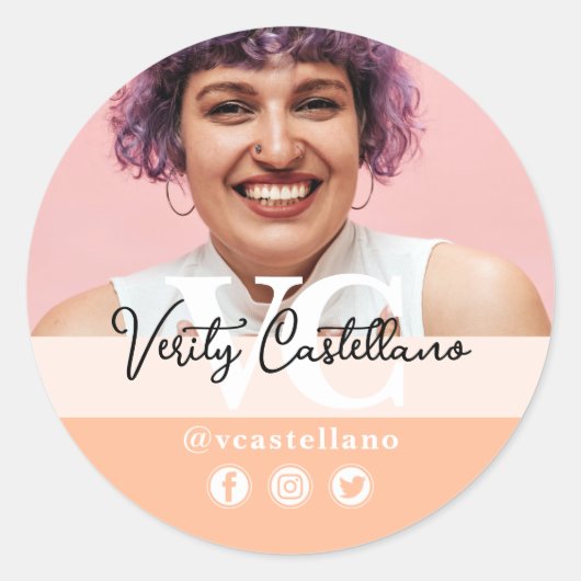 かわいらし桃モダン台本の名前と写真カスタム写真 ラウンドシール (正面)