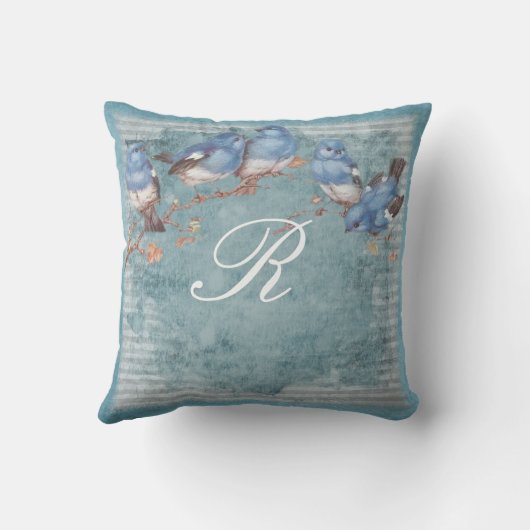 かわいらし水彩小青モノグラムの鳥 クッション (裏面)