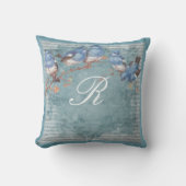 かわいらし水彩小青モノグラムの鳥 クッション (正面)