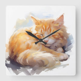 かわいらし水彩眠るオレンジタビー猫 スクエア壁時計
