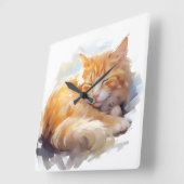 かわいらし水彩眠るオレンジタビー猫 スクエア壁時計 (傾斜)