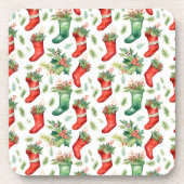かわいらし水彩赤と緑のストッキング コースター (正面)