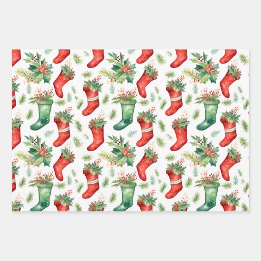 かわいらし水彩赤と緑のストッキング ラッピングペーパーシート (正面)