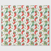 かわいらし水彩赤と緑のストッキング ラッピングペーパー (フラット)