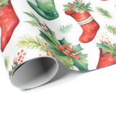 かわいらし水彩赤と緑のストッキング ラッピングペーパー (ロールコーナー)