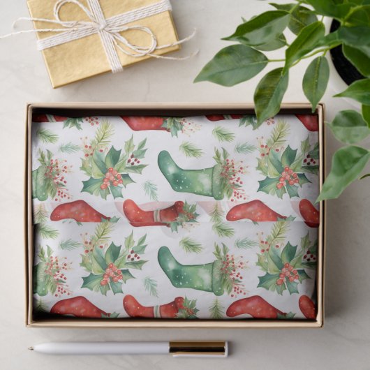 かわいらし水彩赤と緑のストッキング 薄葉紙 (ギフト)