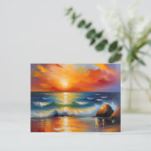 かわいらし海にオレンジ色の夕日を描いた油絵 ポストカード (スタンド正面)