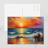 かわいらし海にオレンジ色の夕日を描いた油絵 ポストカード (正面/裏面)