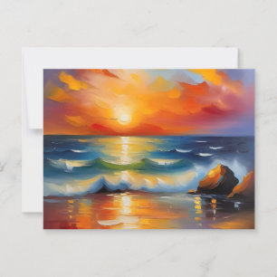 かわいらし海にオレンジ色の夕日を描いた油絵 ポストカード