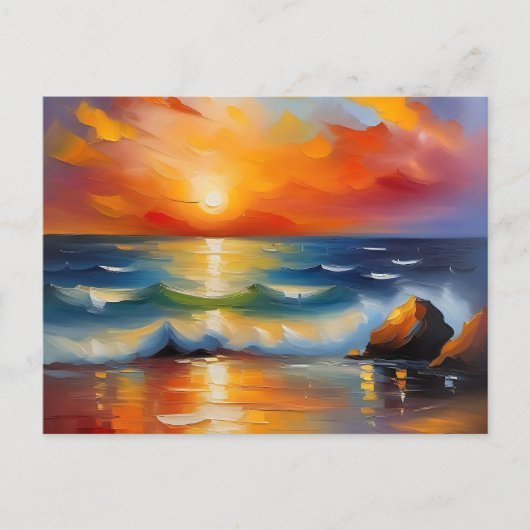 かわいらし海にオレンジ色の夕日を描いた油絵 ポストカード (正面)