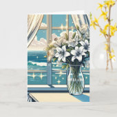 かわいらし海ビューと花の花瓶誕生日 カード (黄色い花)
