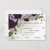 かわいらし深い薄紫色の花の緑の食事の選択 出欠カード (正面)