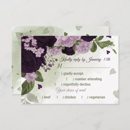 かわいらし深い薄紫色の花の緑の食事の選択 出欠カード (正面/裏面)