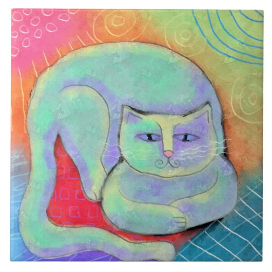 かわいらし白キャット抽象芸術絵画ズ タイル (正面)