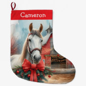 かわいらし白パーソナライズされた馬 ラージクリスマスストッキング (正面)