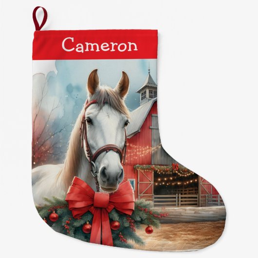 かわいらし白パーソナライズされた馬 ラージクリスマスストッキング (正面)