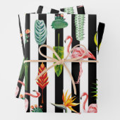 かわいらし白黒ストライプとフラミンゴサボテン ラッピングペーパーシート (インサイチュ)