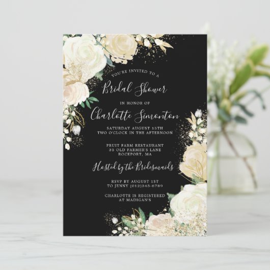 かわいらし白黒バラフローラブライダルシャワー 招待状 (スタンド正面)