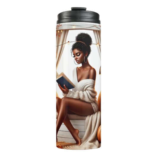 かわいらし秋をテーマにしたアフリカ系アメリカ人読女性 タンブラー (正面)