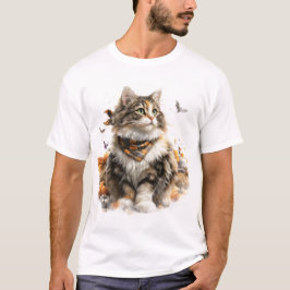 かわいらし秋をテーマにしたノルウェーの森の猫 Tシャツ