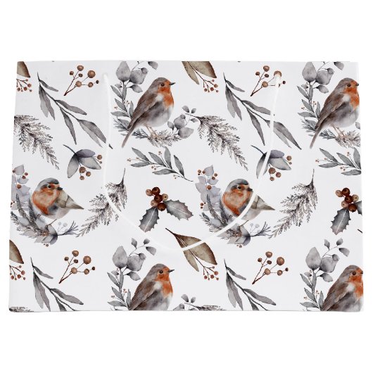 かわいらし素朴冬の雀のクリスマス ラージペーパーバッグ (正面)