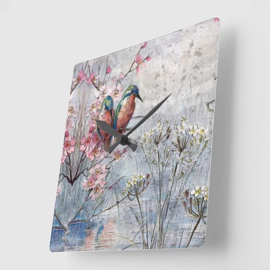 かわいらし絵を描金魚花 スクエア壁時計 (傾斜)