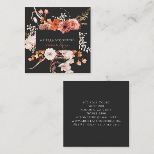 かわいらし色彩の鮮やかフローラオン黒インテリアデザイナ スクエア名刺 (正面/裏面)