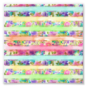 かわいらし花ストライプ水彩絵を描手 フォトプリント