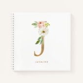 かわいらし花模様フェイクゴールドフォイルレターJモノグラム ノートブック (正面)