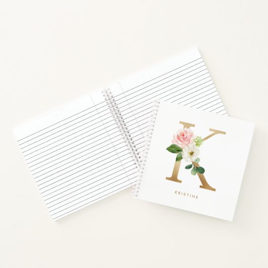 かわいらし花模様フェイクゴールドフォイル文字Kモノグラム ノートブック (内部)