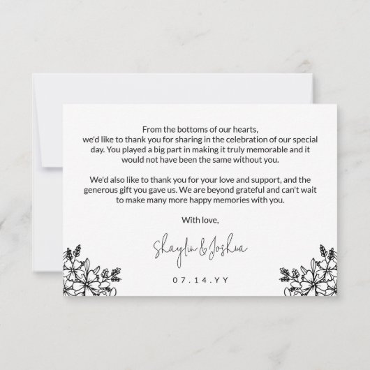 かわいらし花模様写真結婚の小さありがとう サンキューカード (裏面)