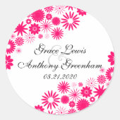 かわいらし花模様鮮やかピンクステッカー ラウンドシール (正面)