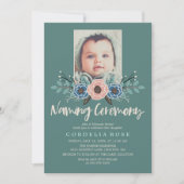 かわいらし花模様 |ピンクとグリーンの命名式 招待状 (正面)