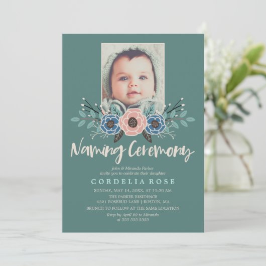 かわいらし花模様 |ピンクとグリーンの命名式 招待状 (スタンド正面)