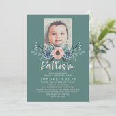 かわいらし花模様 |ピンクと緑のバプテスマの写真 招待状 (スタンド正面)