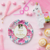 かわいらし花、ハッピーバースデー、カスタム写真文字 ペーパープレート (パーティー)