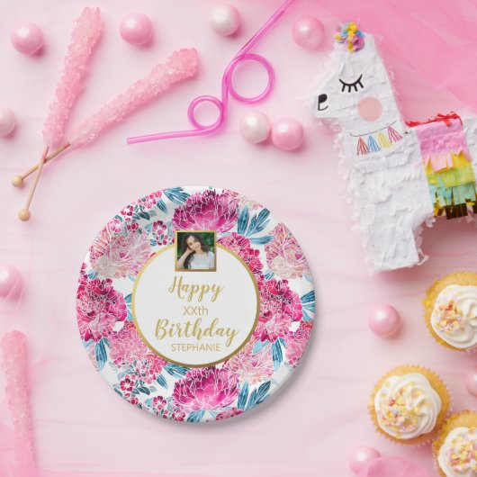 かわいらし花、ハッピーバースデー、カスタム写真文字 ペーパープレート (パーティー)