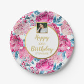 かわいらし花、ハッピーバースデー、カスタム写真文字 ペーパープレート (正面)