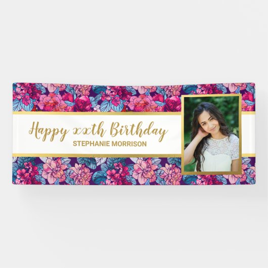 かわいらし花、任意の年齢、カスタム写真誕生日 横断幕 (横)