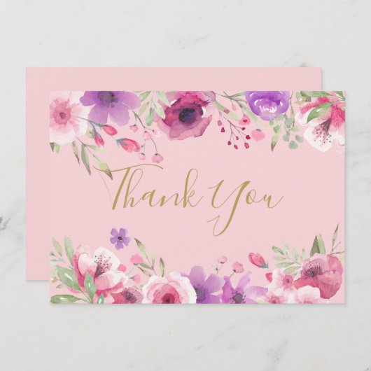 かわいらし草花金ゴールドスクリプトサンキュー サンキューカード (正面/裏面)