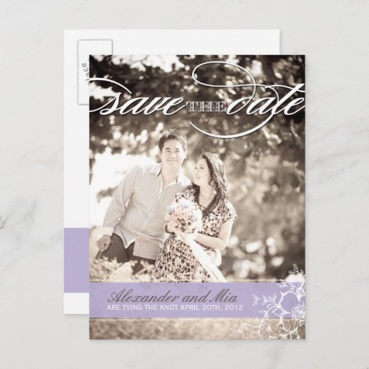 かわいらし薄紫写真の保存日付 案内ポストカード (正面/裏面)