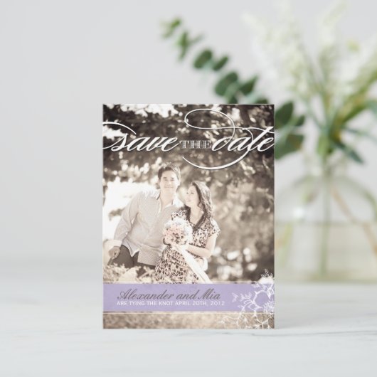 かわいらし薄紫写真の保存日付 案内ポストカード (スタンド正面)