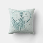 かわいらし蝶、ハート及び絵を描ティール（緑がかった色）（ばちゃばちゃ）跳ねる クッション (裏面)