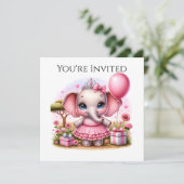 かわいらし誕生日ゾウ、ピンクのドレスとティアラ 招待状 (スタンド正面)