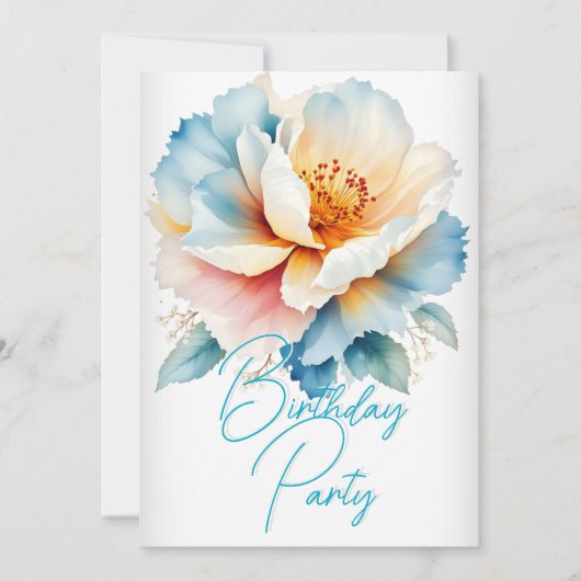 かわいらし誕生日パーティー繊細な青ピンクの花 招待状 (正面)