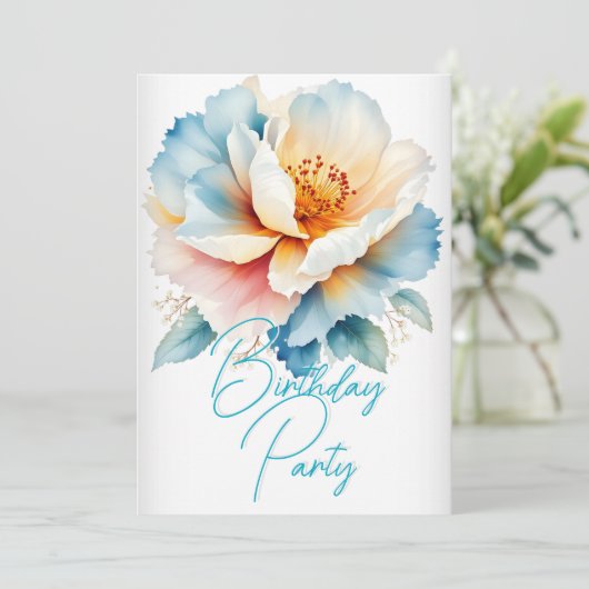 かわいらし誕生日パーティー繊細な青ピンクの花 招待状 (スタンド正面)