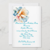 かわいらし誕生日パーティー繊細な青ピンクの花 招待状 (裏面)