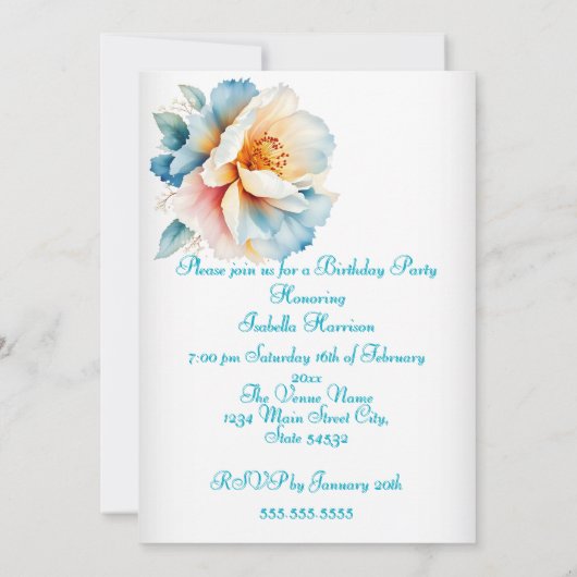 かわいらし誕生日パーティー繊細な青ピンクの花 招待状 (裏面)