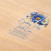 かわいらし誕生日ブルーホワイト金ゴールド花 アクリル招待状 (レイダウン)