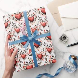かわいらし赤いハートと花ヴィンテージ ラッピングペーパー
